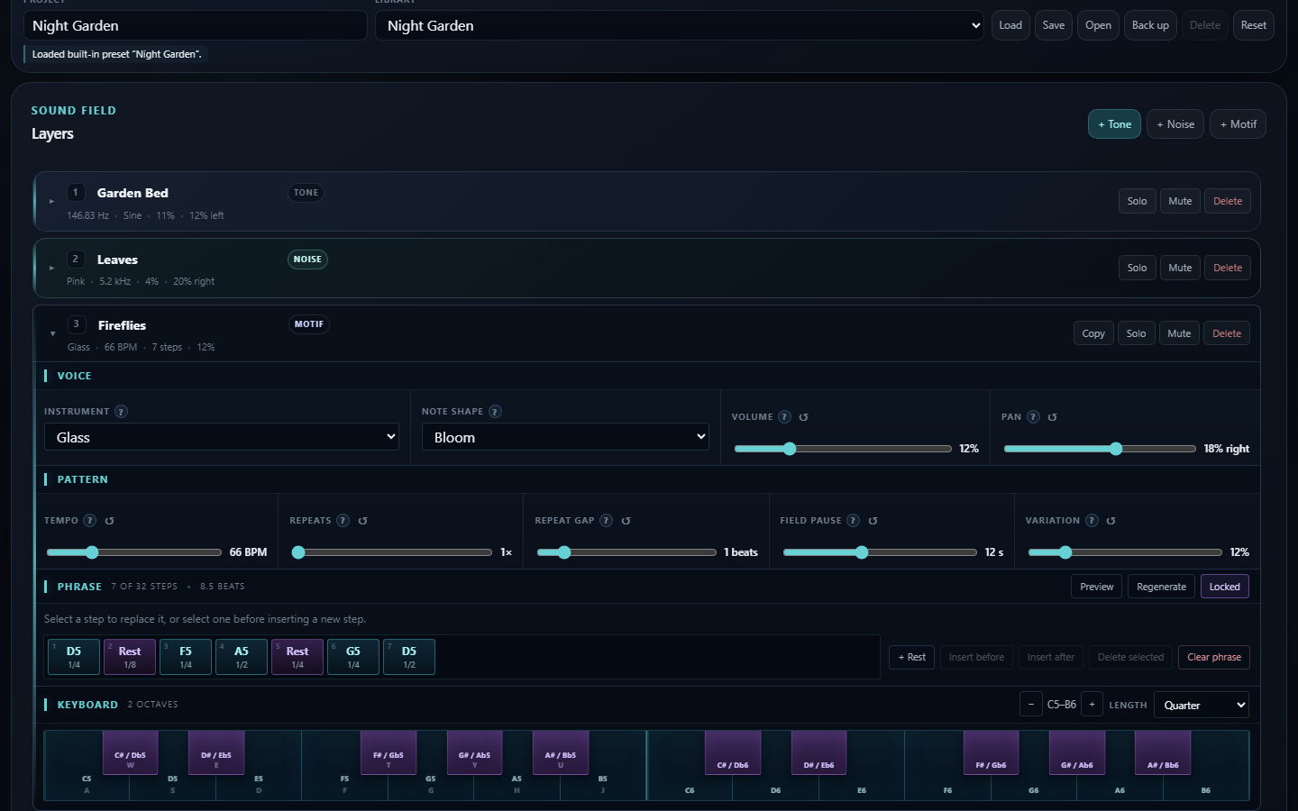 Ambient Field Builder interface showing layered sound controls